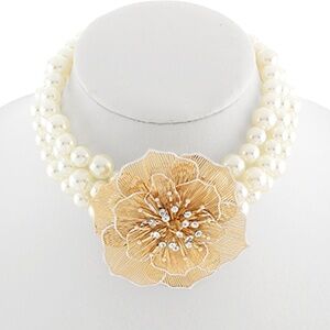 3 Layered Pearl & Filigree Flower Choker